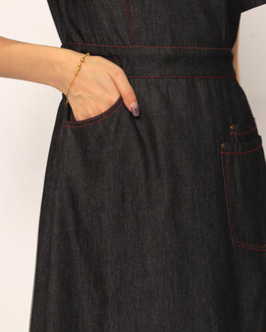 Lightweight Short Sleeve Denim Dress - Black