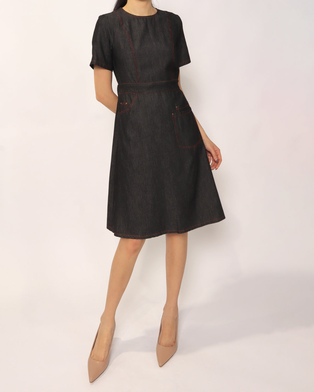 Lightweight Short Sleeve Denim Dress - Black