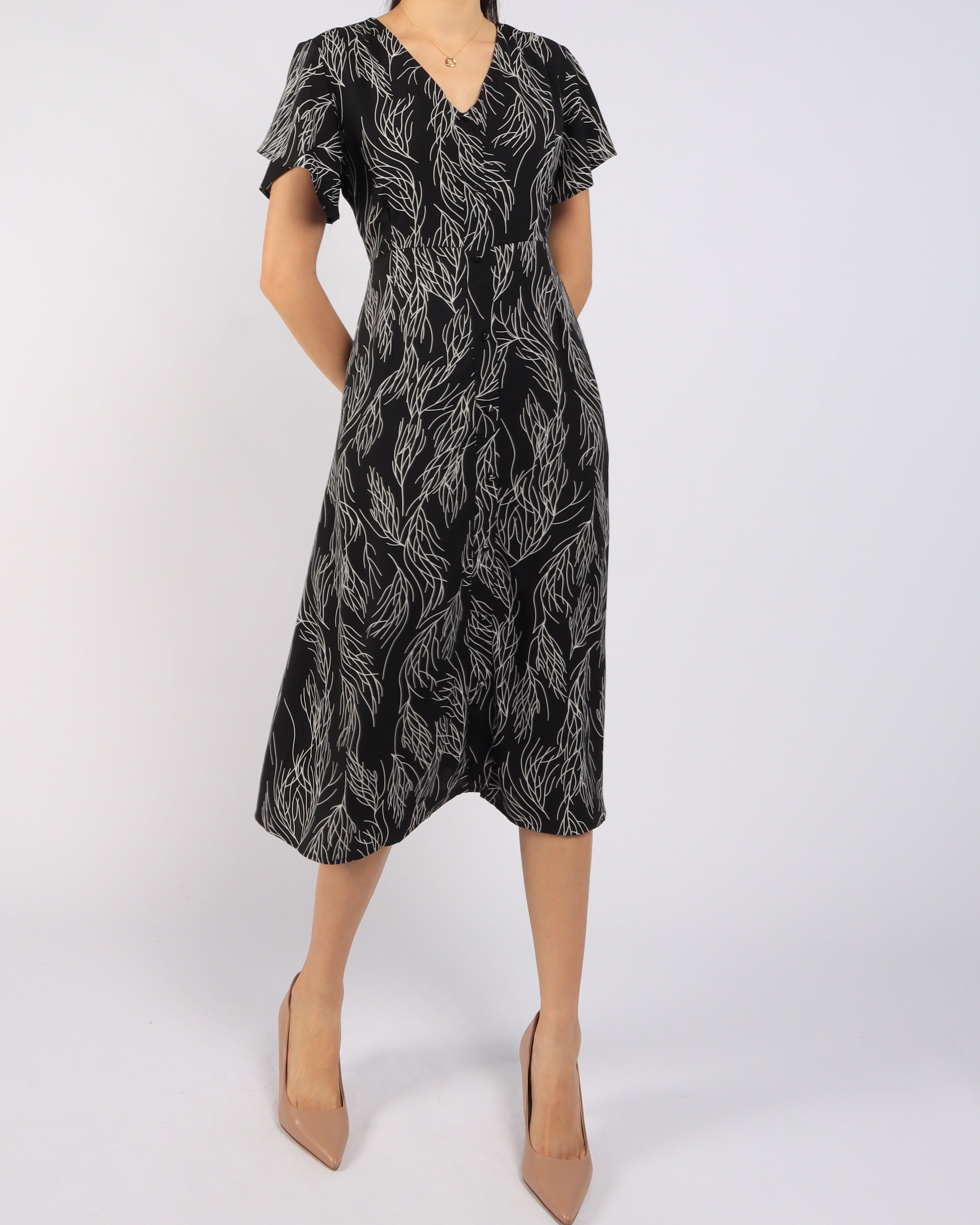 Lines Printed Flutter Sleeve Midi