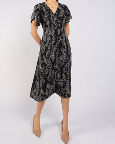 Lines Printed Flutter Sleeve Midi