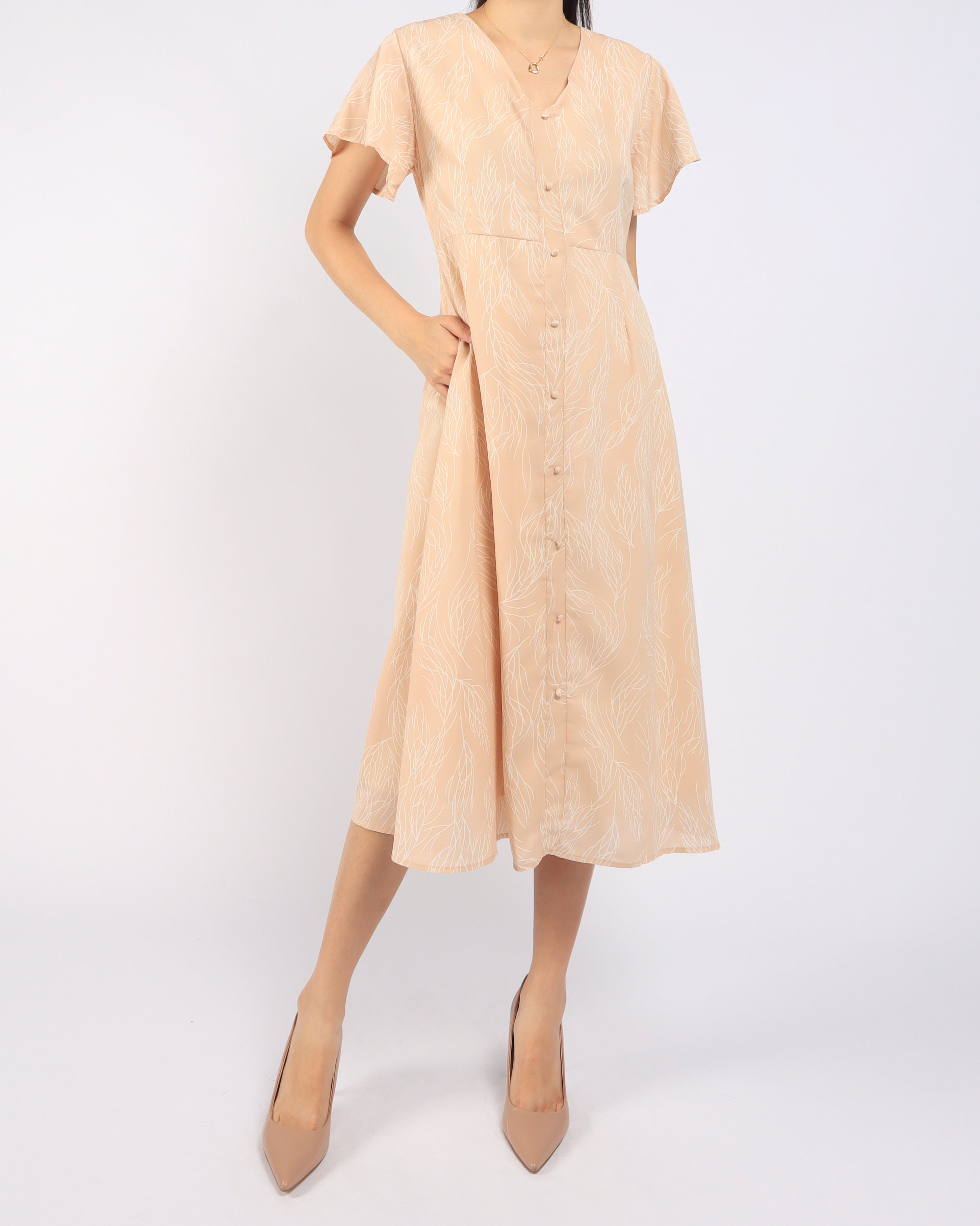 Lines Printed Flutter Sleeve Midi