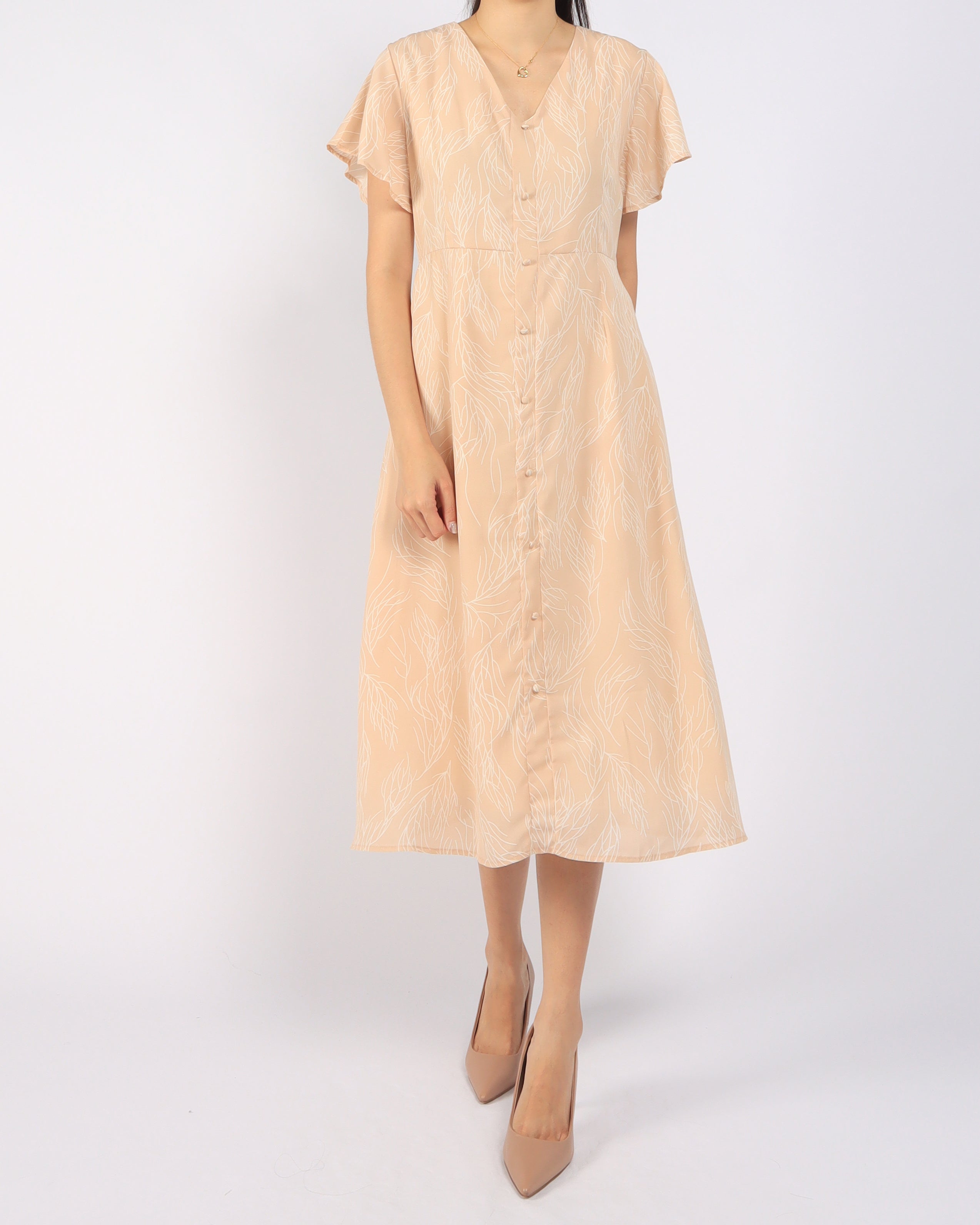 Lines Printed Flutter Sleeve Midi