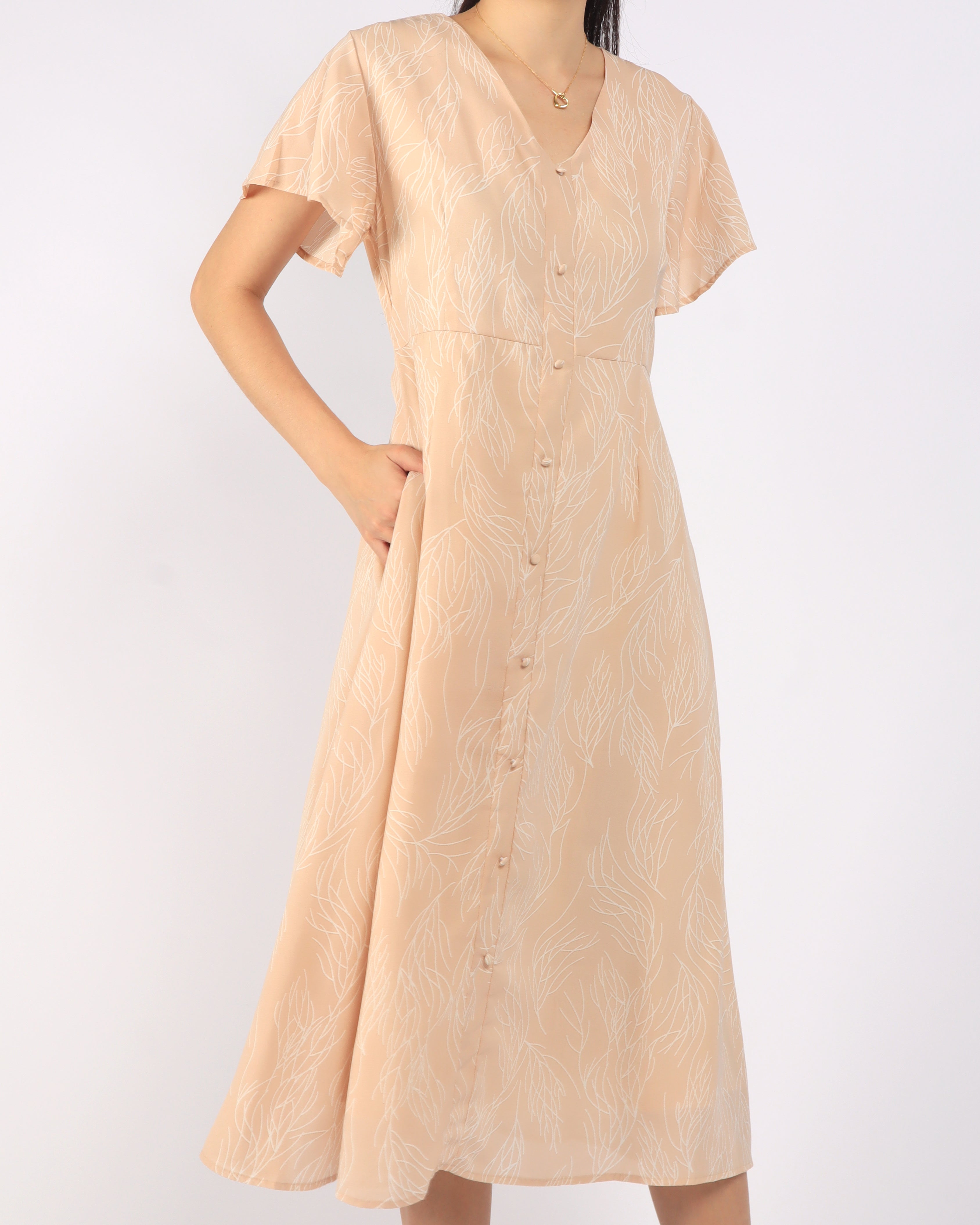 Lines Printed Flutter Sleeve Midi