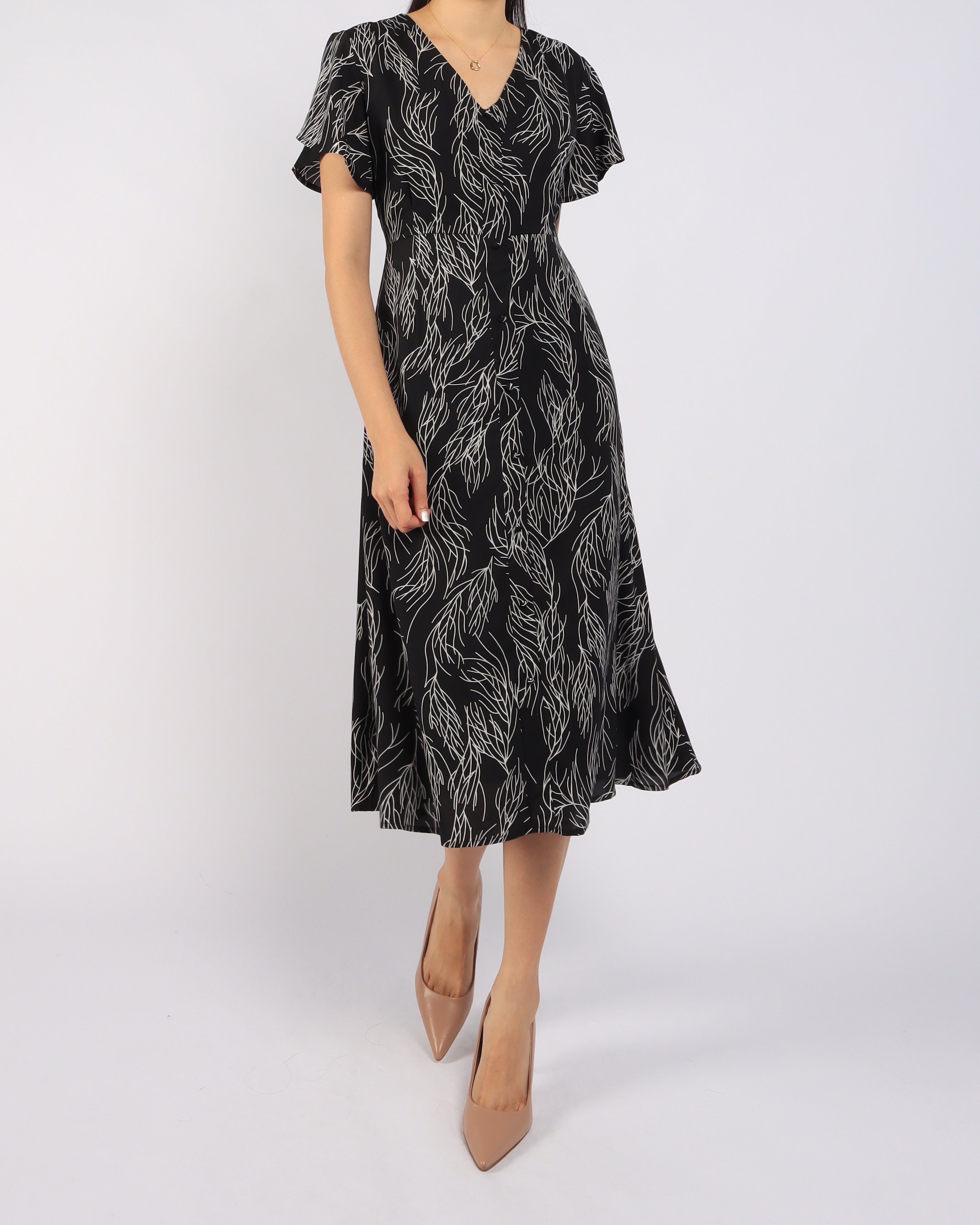 Lines Printed Flutter Sleeve Midi