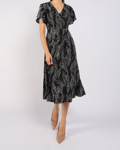 Lines Printed Flutter Sleeve Midi