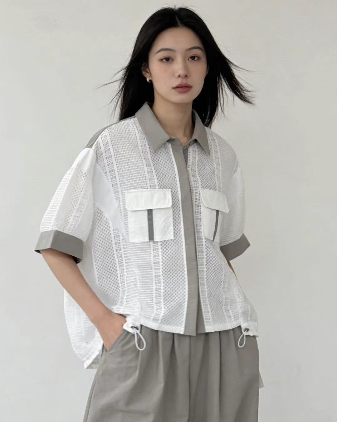 Mesh Contrast Utility Shirt, women's top - Ferlicious Singapore