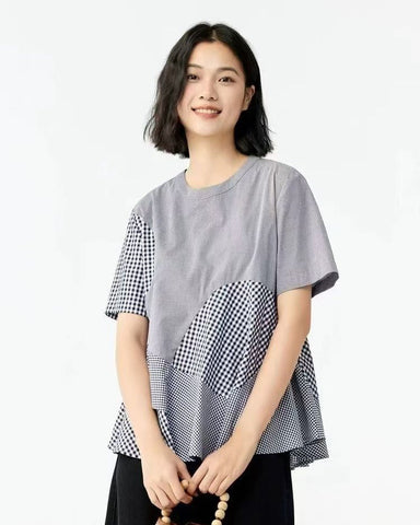 Mixed Gingham Patchwork Peplum Blouse