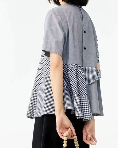Mixed Gingham Patchwork Peplum Blouse