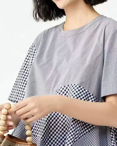 Mixed Gingham Patchwork Peplum Blouse