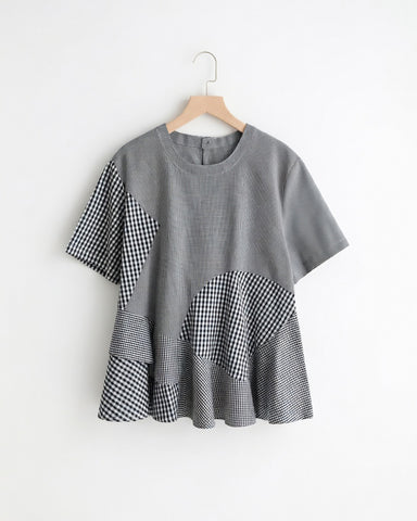 Mixed Gingham Patchwork Peplum Blouse