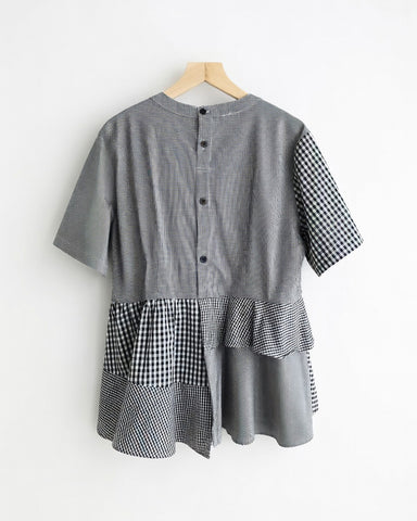 Mixed Gingham Patchwork Peplum Blouse