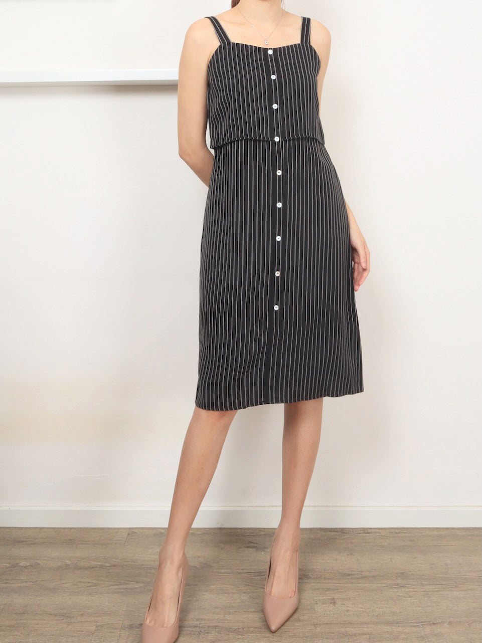 Pinstripes Button Dress - Black