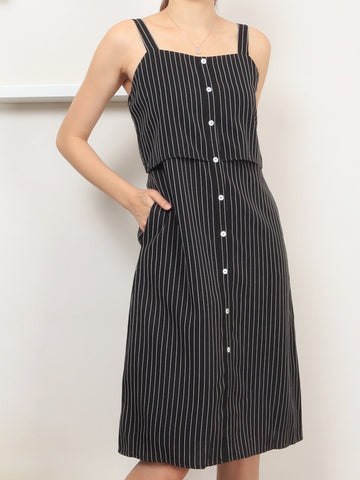 Pinstripes Button Dress - Black