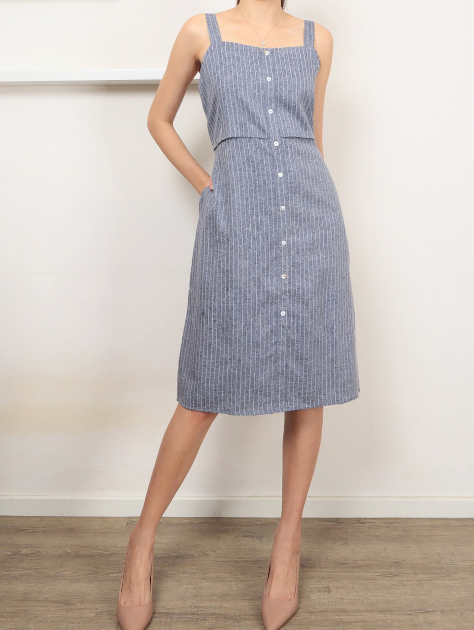 Pinstripes Button Dress - Grey