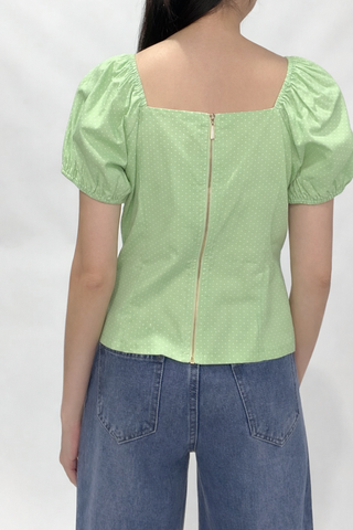 Polka Dot Puff Sleeve Square Neck Top