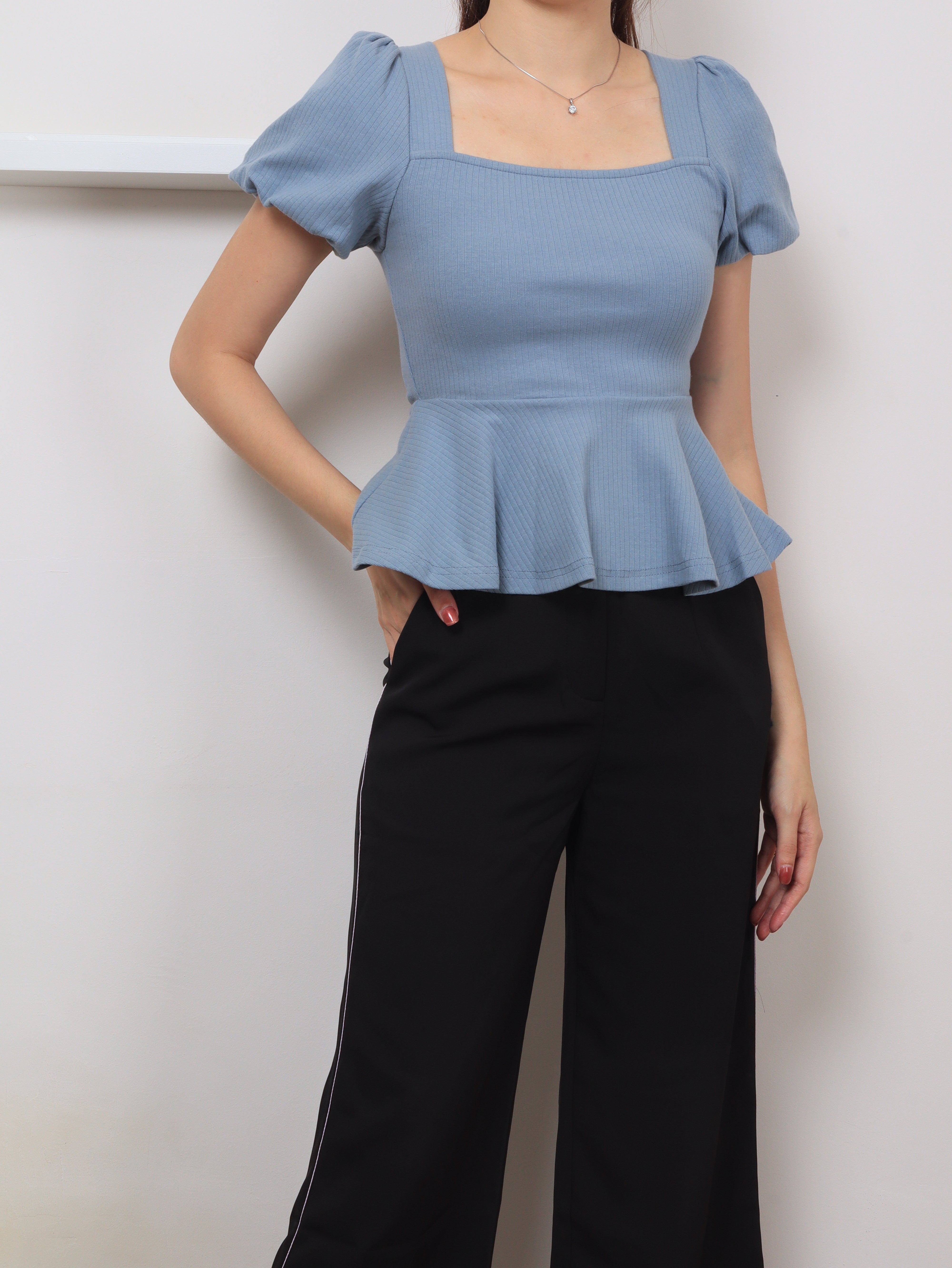 Ribbed Cotton Square Neck Top - Blue