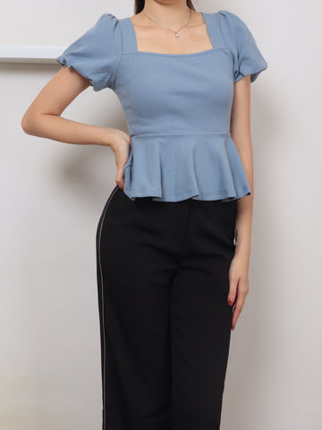 Ribbed Cotton Square Neck Top - Blue