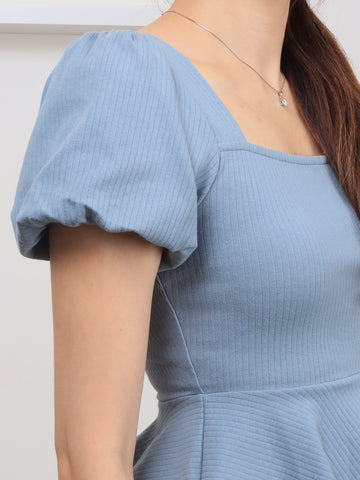 Ribbed Cotton Square Neck Top - Blue