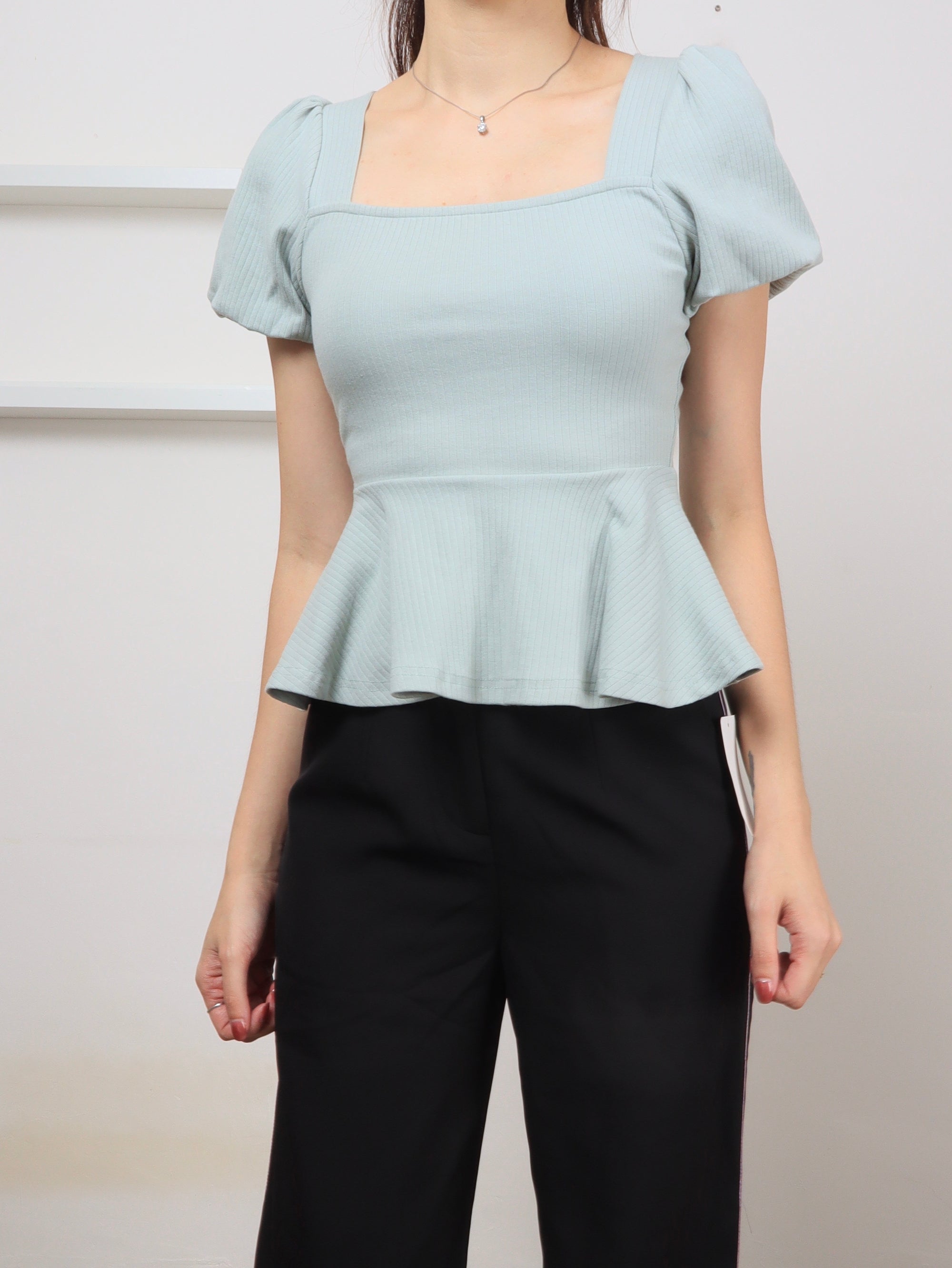 Ribbed Cotton Square Neck Top - Mint