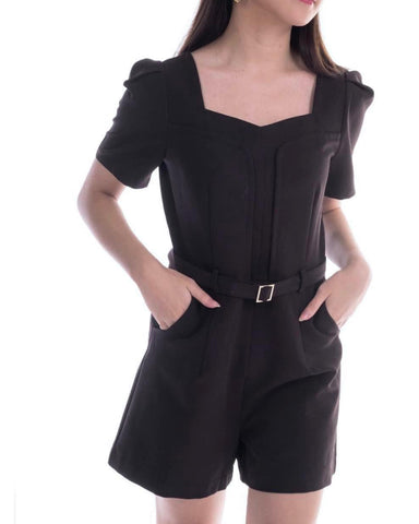 Square Neck Puff Sleeve Belted Romper