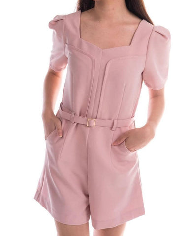 Square Neck Puff Sleeve Belted Romper