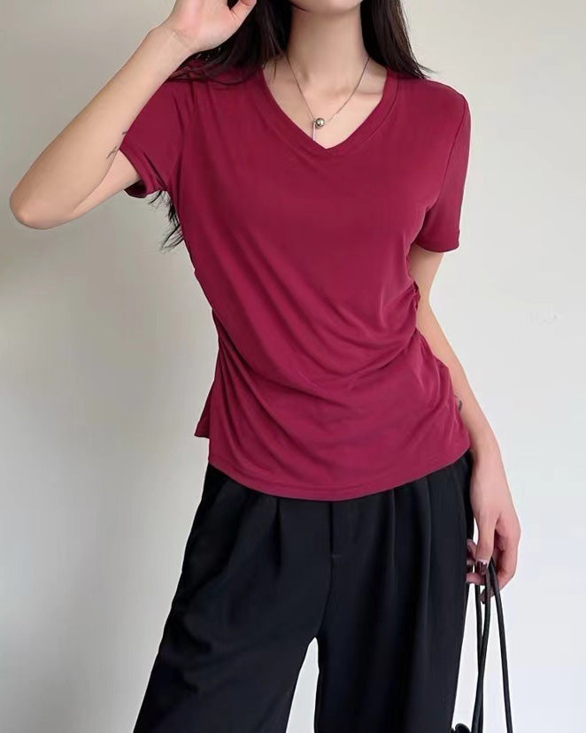 Ruched Waist Short Sleeve Tee, women's top - Ferlicious Singapore