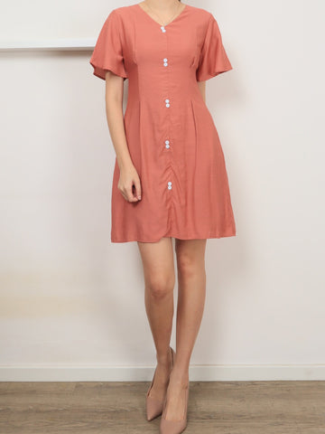 Twin Buttons Sleeved Dress - Pink