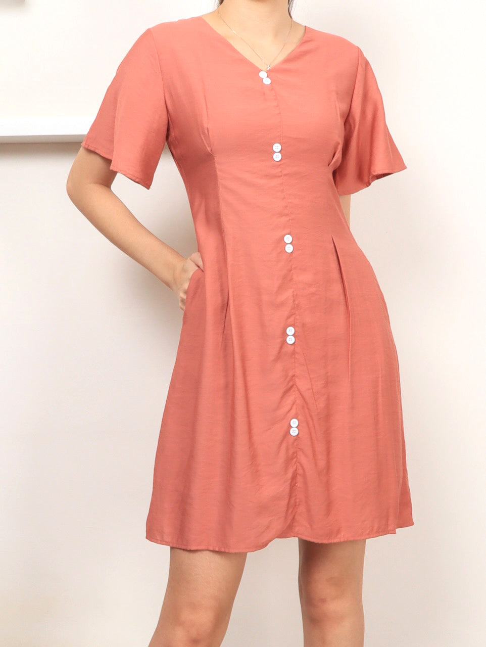 Twin Buttons Sleeved Dress - Pink