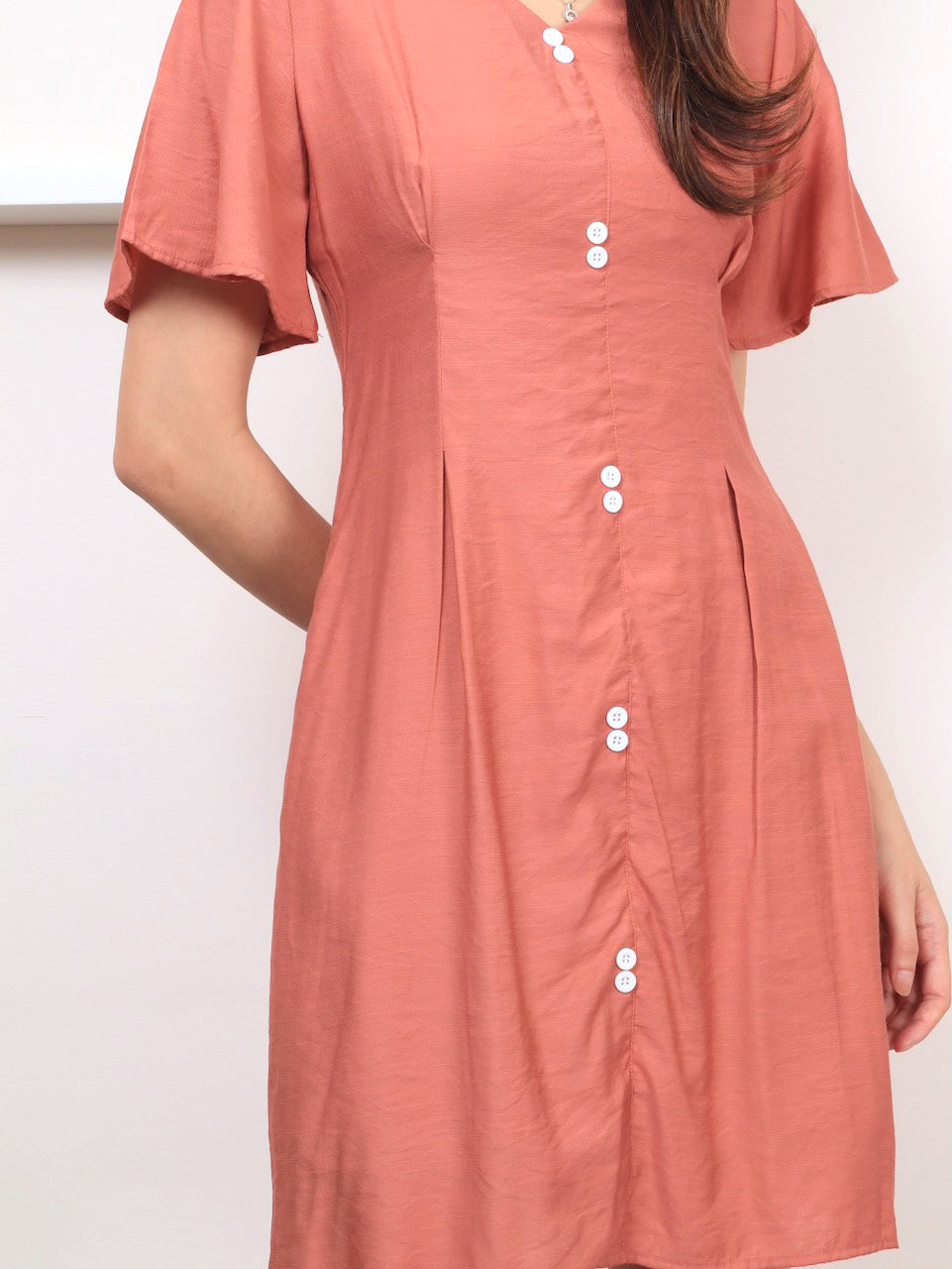 Twin Buttons Sleeved Dress - Pink