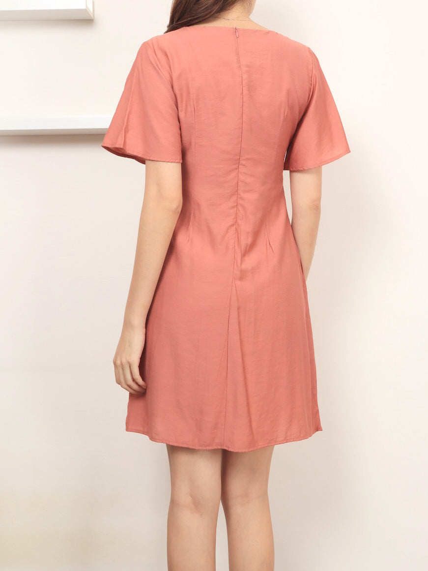 Twin Buttons Sleeved Dress - Pink