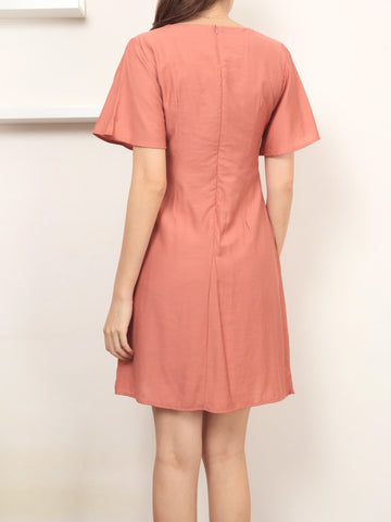 Twin Buttons Sleeved Dress - Pink