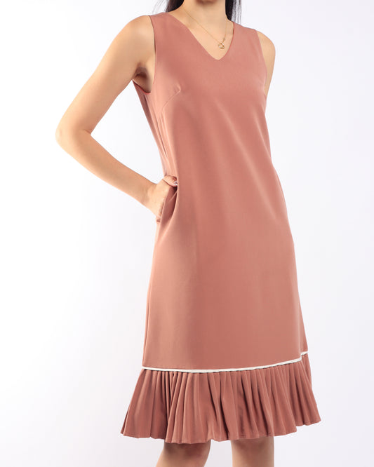 White Trim Pleated Midi - Pink, women's dress - Ferlicious Singapore