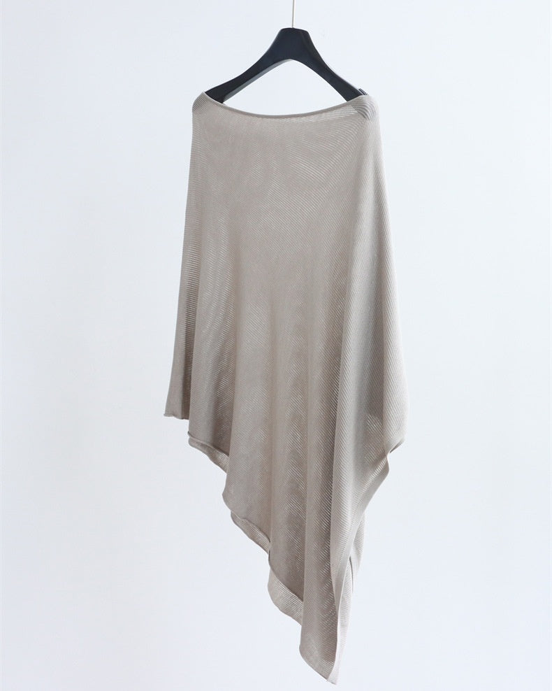 Asymmetric Boat Neck Knit Poncho Top - Greige