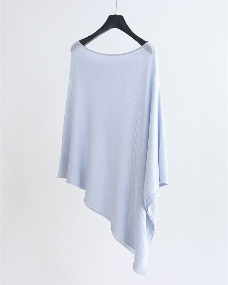 Asymmetric Boat Neck Knit Poncho Top - Misty Blue