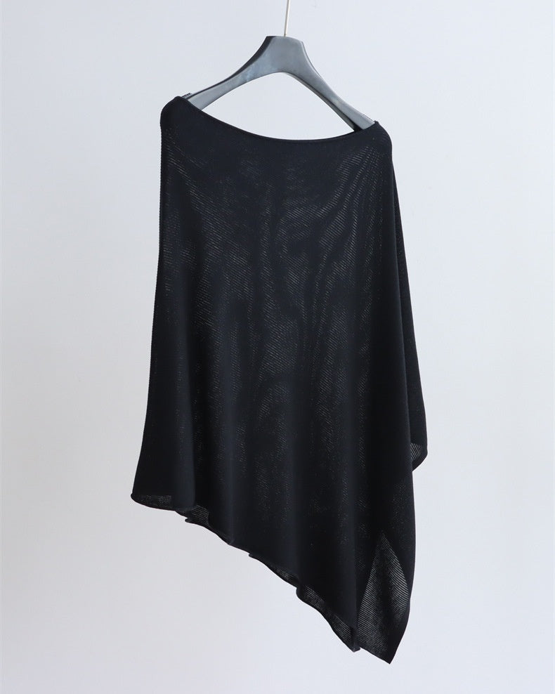 Asymmetric Boat Neck Knit Poncho Top - Black