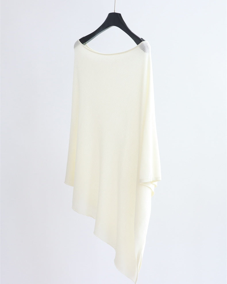 Asymmetric Boat Neck Knit Poncho Top - Off White