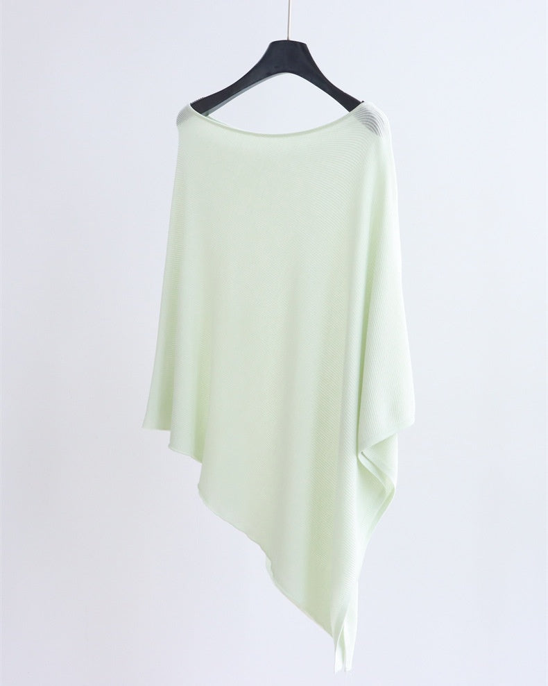 Asymmetric Boat Neck Knit Poncho Top - Mint
