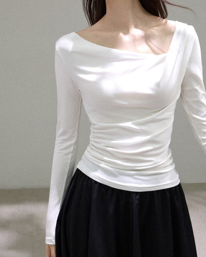 Asymmetric Cowl Neck Long Sleeve Top - White