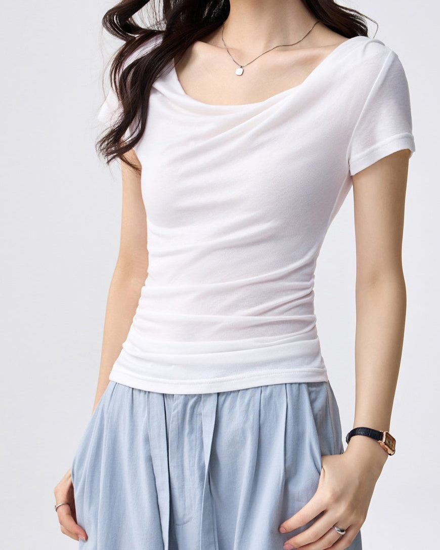 Asymmetric Cowl Neck Tee - White