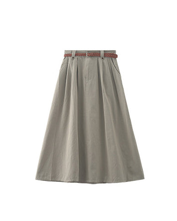 Belted Pleated A-Line Skirt - Grey