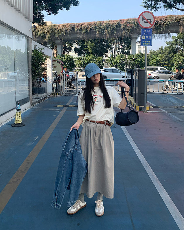 Belted Pleated A-Line Skirt - Grey