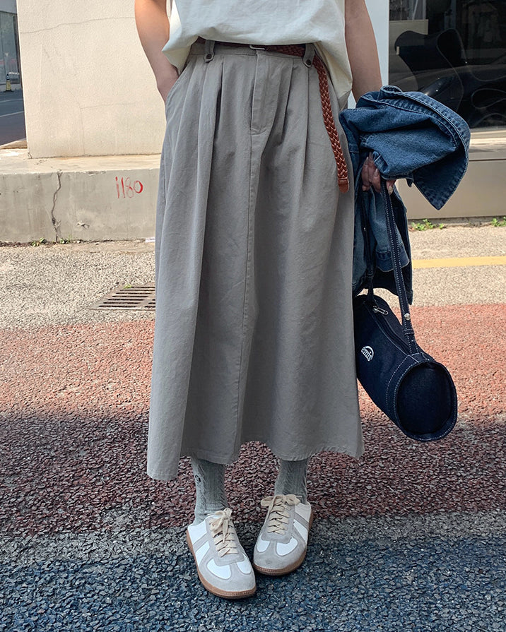 Belted Pleated A-Line Skirt - Grey
