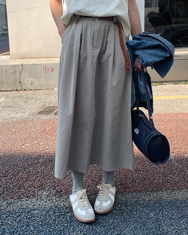 Belted Pleated A-Line Skirt - Grey