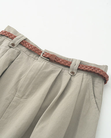 Belted Pleated A-Line Skirt - Grey