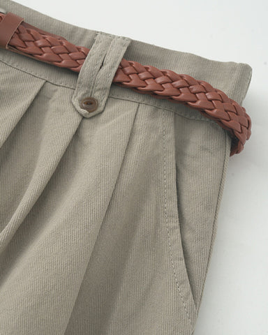Belted Pleated A-Line Skirt - Grey