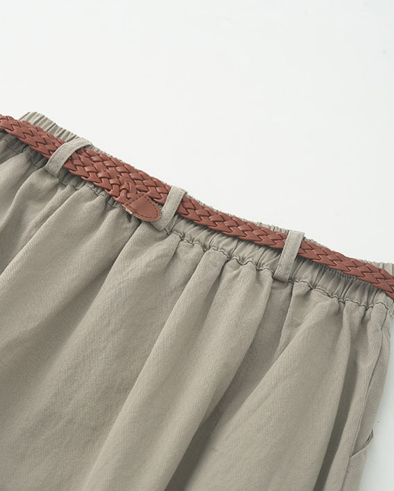 Belted Pleated A-Line Skirt - Grey