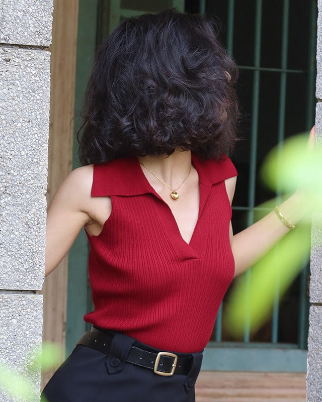 Collared Ribbed Knit Top, women's top - Ferlicious Singapore