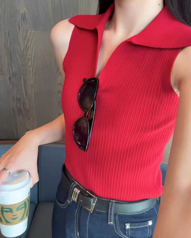 Collared Ribbed Knit Top