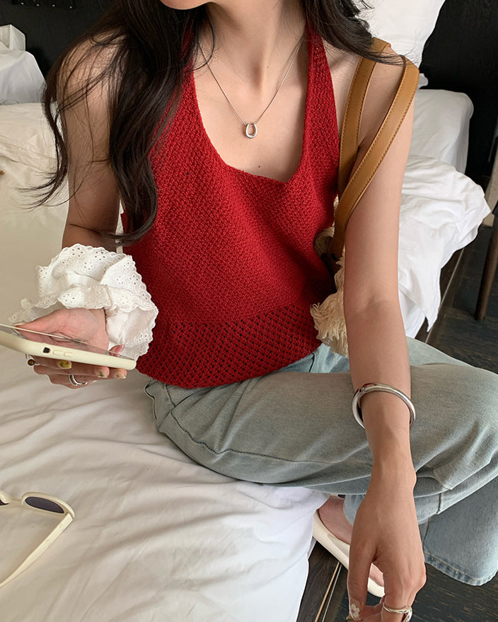 Cutout Halter Knit Top - Red