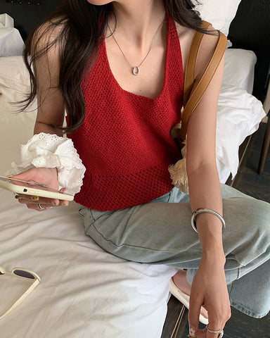 Cutout Halter Knit Top - Red